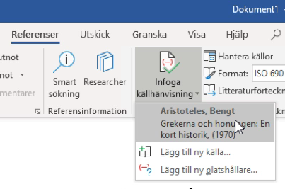 Klicka på "Infoga källhänvisning" och välj den källa du vill infoga igen.