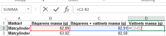 I cell D2 skriver du in ''=C2-B2'' (utan citattecken).