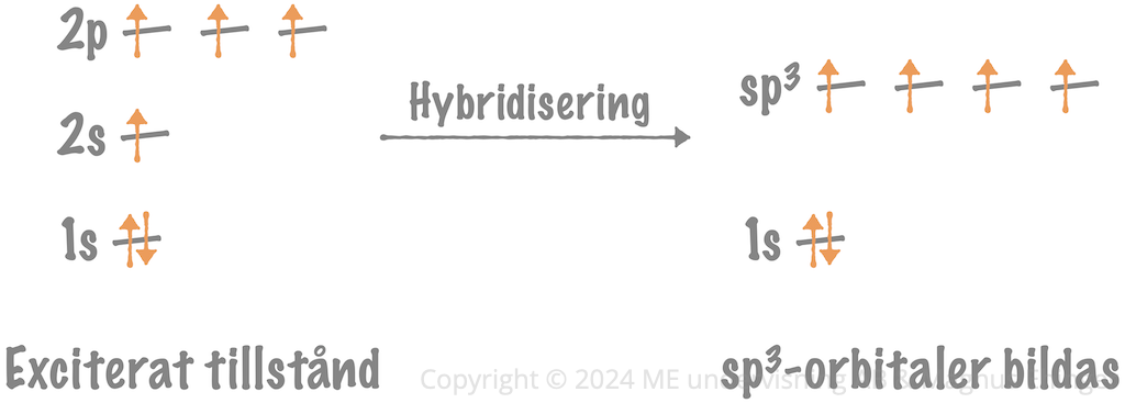 När 2s- och 2p-orbitalerna hybridiseras bildas sp³-orbitaler.