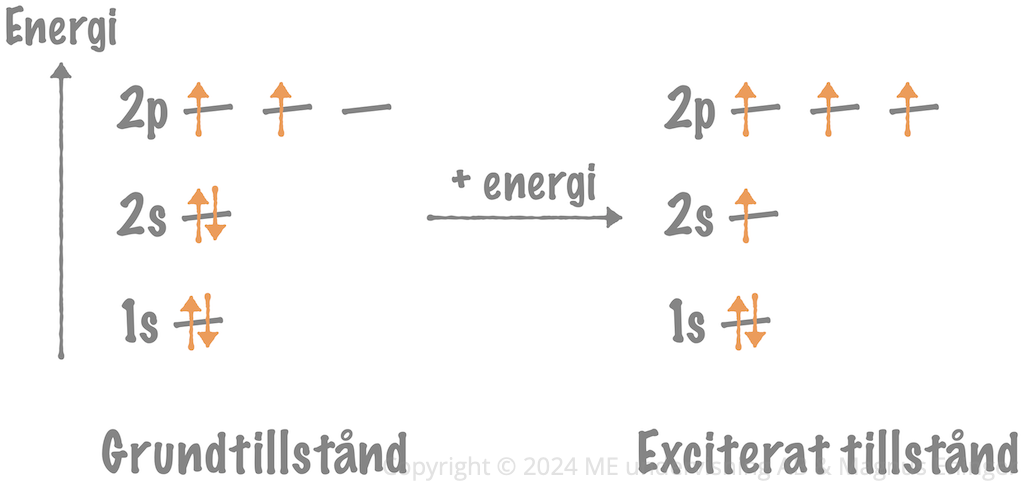 När kolatomen exciteras flyttas ("promoveras") en av elektronerna i 2s-orbitalen till en 2p-orbital.