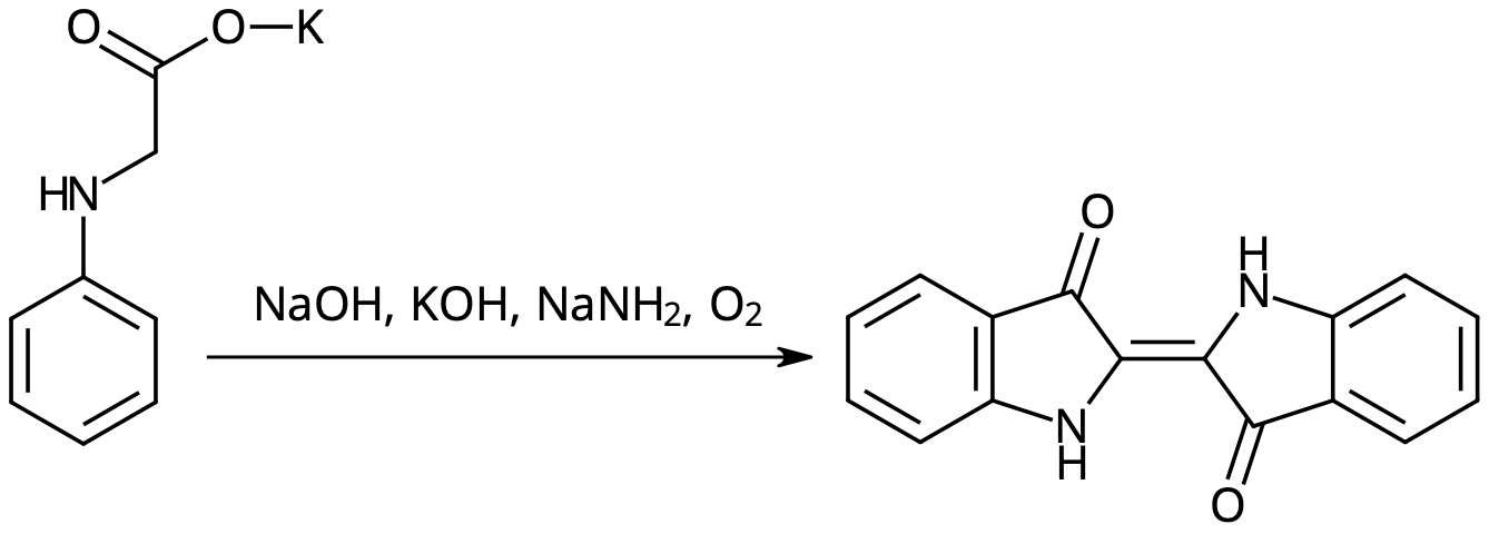 Vid indigosyntes får N-fenylglycin reagera med en smälta av natriumhydroxid, kaliumhydroxid och natriumamid. Det bildas inoxyl, som sedan oxideras till indigo.