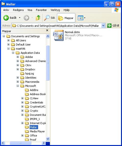 Kopiera Normal.dotm i Windows XP